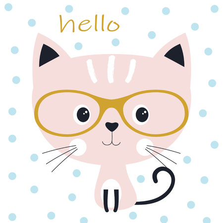 sweet cat on background of blue circles, cute cartoon kitty in glasses, card for design prints, lettering helloのイラスト素材