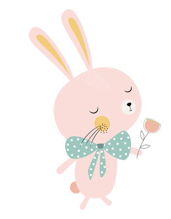 cute rabbit with bow and flower isolated on white background, print for any design, Happy Easter Bunny Vector illustration, funny Rabbit cartoon character, greeting cardのイラスト素材