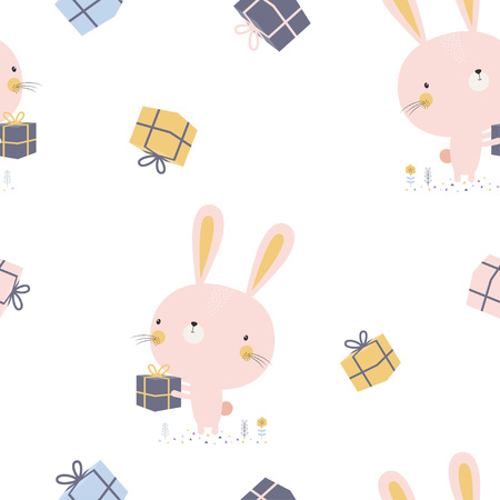 cute rabbit with gift isolated on white background with flowers, print for any design, Happy Easter Bunny Vector illustration, funny Rabbit cartoon character, greeting walpaper, seamless patternのイラスト素材