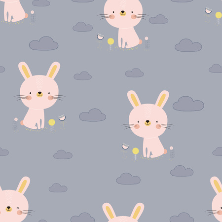 cute rabbit isolated on grey background with flowers and clouds, print for any design, Happy Easter Bunny Vector illustration, funny Rabbit cartoon character, greeting wallpaper, seamless patternのイラスト素材