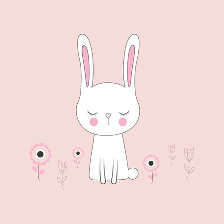 happy Easter bunny vector illustration, cute rabbit cartoon character isolated on pink background, card with pretty bunny and flowers for Valentines day, scandinavian styleのイラスト素材