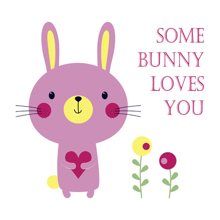 Happy Easter bunny isolated on white, valentines card with rabbit, heart, flowers and lettering some bunny loves you, greeting background for any desingのイラスト素材