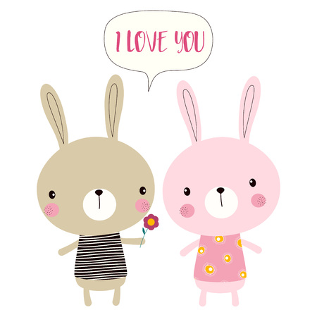 Happy Easter bunnies isolated on white, cute cartoon rabbits with flower and lettering I love you for Valentines day, greeting background for any desingのイラスト素材