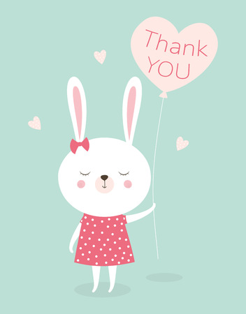 cute bunny girl print, sweet rabbit baby with balloon, hare fashion child vector, thank you lettering, scandinavian illustration for t-shirt, kids apparel, invitation, children designのイラスト素材