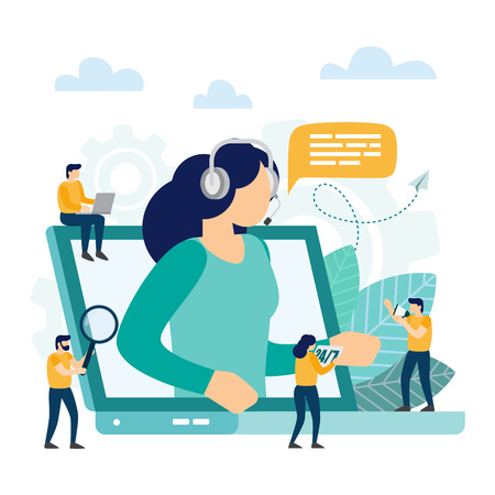 Call center, customer support. Hotline operator advises client. Online technical support. Vector illustrationのイラスト素材