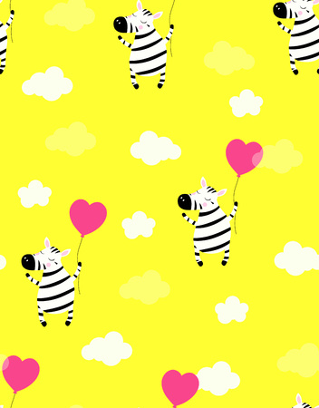 cute pattern zebra, sweet zebra with balloon isolated on yellow, fashion child vector, scandinavian illustration for t-shirt, kids apparel, invitation, children designのイラスト素材