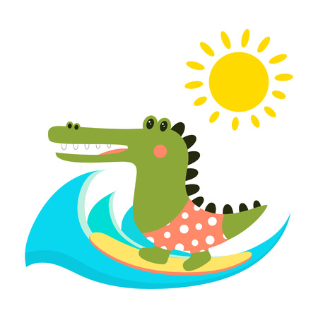cute cartoon print of crocodile, character aligator isolated on background of waves and sun, funny crocodile in scandinavia style, cute aligator surferのイラスト素材
