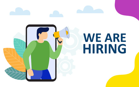 We are hiring a professional manager. Male employer shouting into a megaphone out of a smartphone. Vector illustrationのイラスト素材