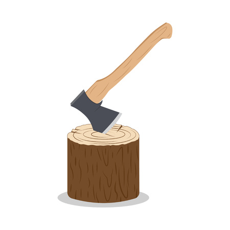 Axe stuck in the stump. Metal ax with handle made of wood. Vector illustration. Isolated on white backgroundのイラスト素材