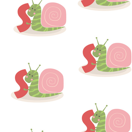 Cute pattern kids animal alphabet, letter S for snail, cartoon shellfish illustration, snail isolatedのイラスト素材