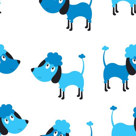 childish seamless pattern of blue dogs isolated on white, hand drawn graphic for t-shirt, print, product, flyer, fabric, textile, background, greeting fashion, scandinavian styleのイラスト素材