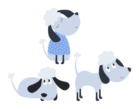 childish card of cute blue poodles isolated on white, hand drawn graphic for t-shirt, print, product, flyer, fabric, textile, background, greeting fashion, scandinavian styleのイラスト素材