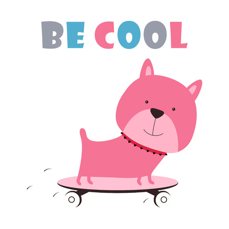 Vector illustration of cartoon dog skateboarding, cute design for textile, print in scandinavian style, funny dog isolated on white, lettering be coolのイラスト素材