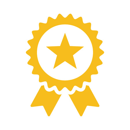 Award icon. Gold Star Quality Badge with ribbon, Vector illustrationのイラスト素材