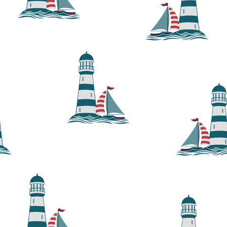 seamless pattern with lighthouse, boat and waves isolated on white background, marine wallpaperのイラスト素材