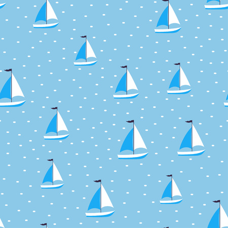 marine seamless pattern with cartoon boats and waves on blue background, nautical wallpaper, scandinavian pattern for kidsのイラスト素材