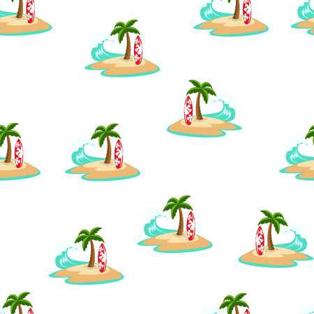 pattern with sunny seascape with palm trees, surfboards and big waves isolated on white, cartoon cute marine wallpaperのイラスト素材
