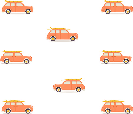 pattern with retro car and surfboard on roof isolated on white, wallpaper with travel desingのイラスト素材