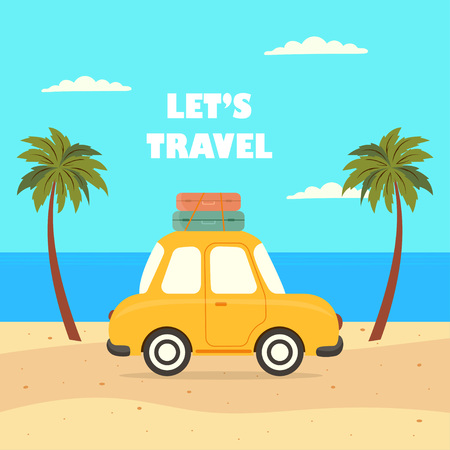 let is travel summer illustration, it is time to go to beautiful vacation spot, card with beach, palm trees, sea and car with baggageのイラスト素材