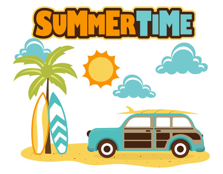 retro car with surfboard on roof, tropical beach with palm tree, surfboards and car on sun and clouds background, banner with lettering summertimeのイラスト素材