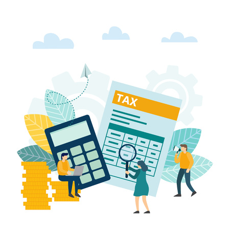 Concept tax payment. Tax financial analysis, tax online, accounting service concept. Businessman calculation tax return. Vector illustration.のイラスト素材