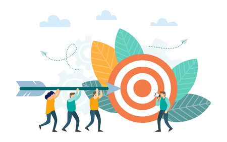 Business teamwork coworkers. Project and strategy design. Successful businessman aiming arrow towards target. Vector illustrationのイラスト素材