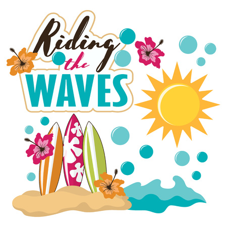 Surfboard on sand, flowers, sun and text riding the waves isolated on white, tropical beach with surfboards and water on sun background, summer bannerのイラスト素材