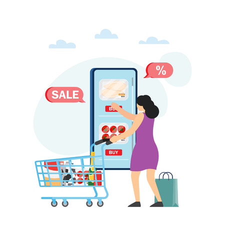 Online shopping concept banner. Mobile app on a smartphone and purchased goods in a virtual store. Vector illustrationのイラスト素材