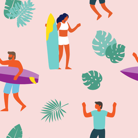 Surfers on surfboards in sea waves seamless pattern. Young people surfing. Vector illustration