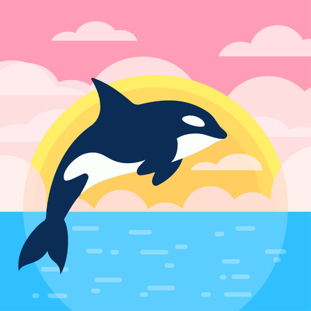 Cartoon killer whale on sun and sea isolated on sunset background, simple print of cute marine animal for any designのイラスト素材