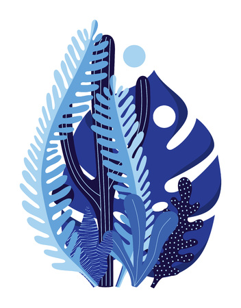 abstract exotic leaves print, hand drawn tropical summer background, floral Illustration in blue color, textileのイラスト素材