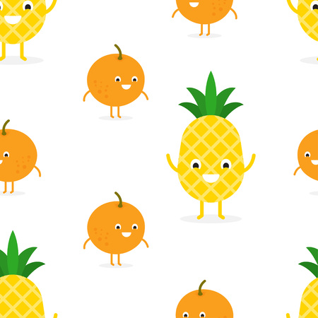 Seamless pattern with funny happy pineapple and orange. Vector illustrationのイラスト素材