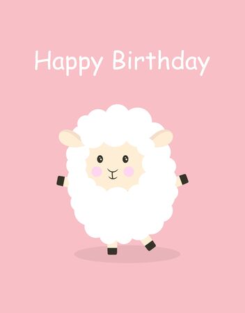 Birthday greeting card with cute fluffy sheep, pink background with lettering happy birthdayのイラスト素材