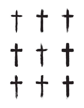 Collection of simple Christian black grunge cross. Vector illustration, isolated on white backgroundのイラスト素材