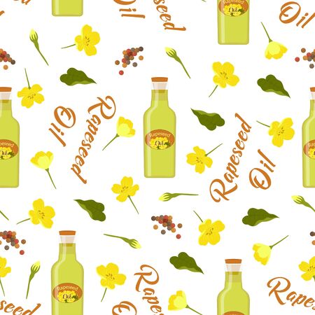 seamless rapeseeds and flowers pattern, canola buds, rapeseed inflorescences, canola oil, white backing, floral background, creative designのイラスト素材