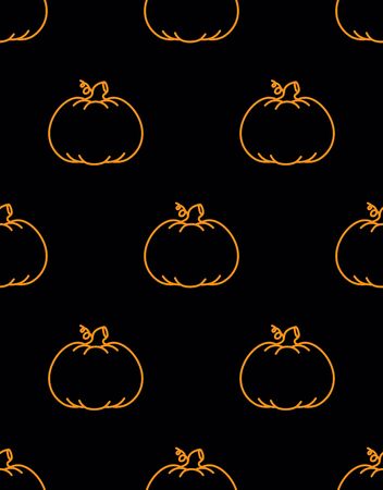 seamless pattern with contur pumpkins on black background, simple picture with pumpkins to holiday halloween, abstract wallpaper with vegetables, vector repeating printのイラスト素材