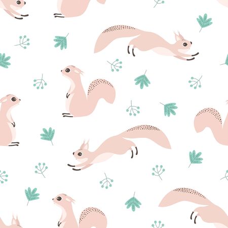 seamless pattern with cute squirrels, leaves and berries, autumn vector illustartion, simple desingのイラスト素材