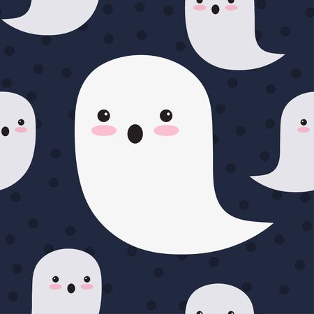 Seamless pattern of cute ghosts on black background. Halloween. Vector illustrationのイラスト素材