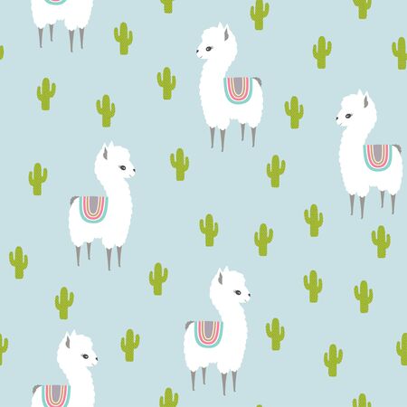 White llama alpaca and cactus seamless pattern. Vector illustrationのイラスト素材