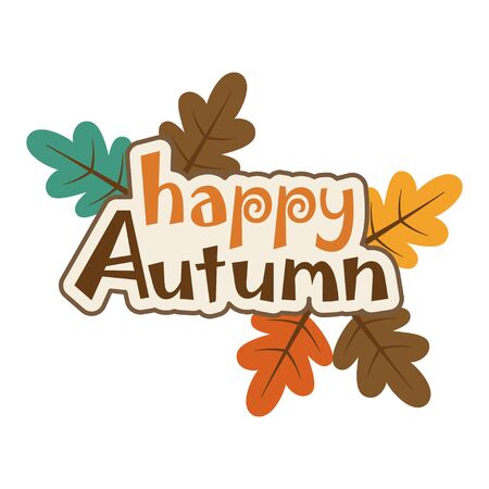 cute card of oak leaves and lettering happy autumn isolated on white, colored vector trendy illustrationのイラスト素材