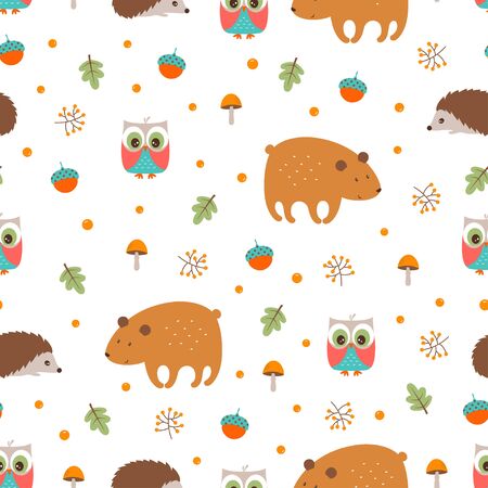autumn forest seamless pattern with cute animals, print with bear, hedgehog and owlのイラスト素材
