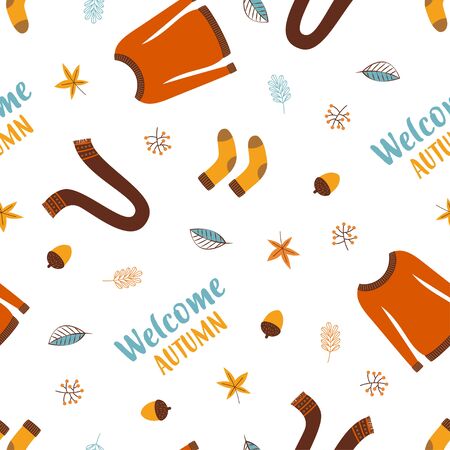 autumn seamless pattern with brown sweater, falling leaves, scarf, soks, acorn and hand written text welcome autumn, bright background for fall season, cute print with autumn letteringのイラスト素材