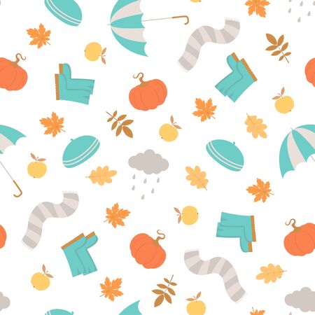 autumn seamless pattern with cute umbrella, wellies, skarf, apple, pumpkin and leaves on white, cute winter and autumn holidays textile design in scandinavian styleのイラスト素材