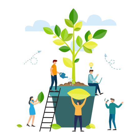 People plant tree. Teamwork concept. Generating Ideas. Vector illustrationのイラスト素材
