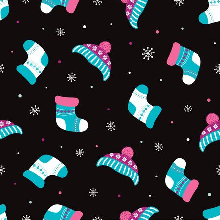 seamless vector new year and christmas pattern in scandinavian simple style, print with traditional festive winter warm clothes socks and hats on black backgroundのイラスト素材