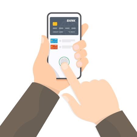 Online mobile paying by phone and connected credit card. Hand holds the smartphone and finger touches screen. Near Field Communication. NFC. Vector illustrationのイラスト素材
