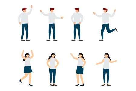 Set of a guy and girl in casual clothes in different poses. Group of character for your project....