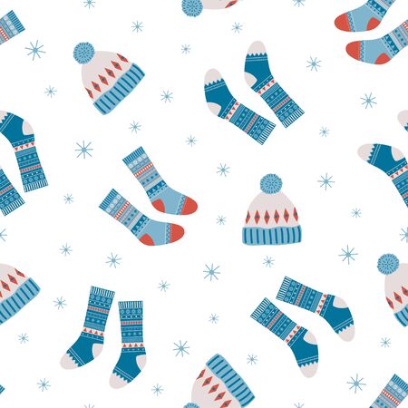 seamless vector new year and christmas pattern in scandinavian simple style, print with traditional festive winter warm clothes socks and hatsのイラスト素材