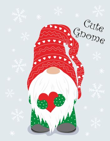 winter christmas card of cute gnome with red heart on snow background, flat design, scandinavian styleのイラスト素材