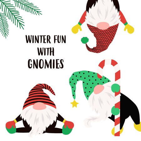christmas card of cute gnomes with candy cane and lettering winter fun with gnomies on white background, flat design, scandinavian styleのイラスト素材